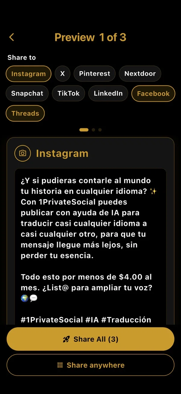 Preview screen with a post translated into Spanish
