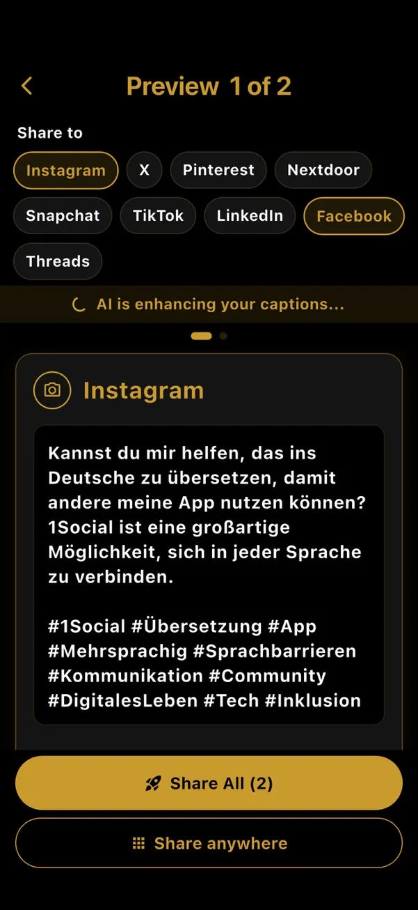 Preview screen with a post translated into German