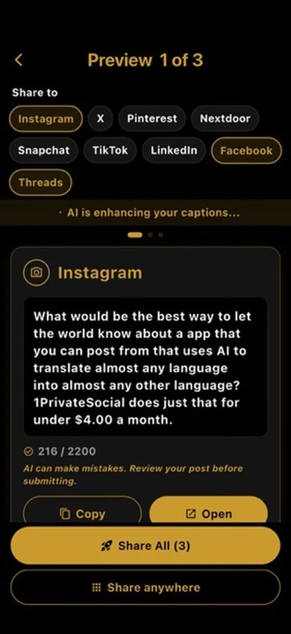 Preview screen with character count and Copy and Open buttons