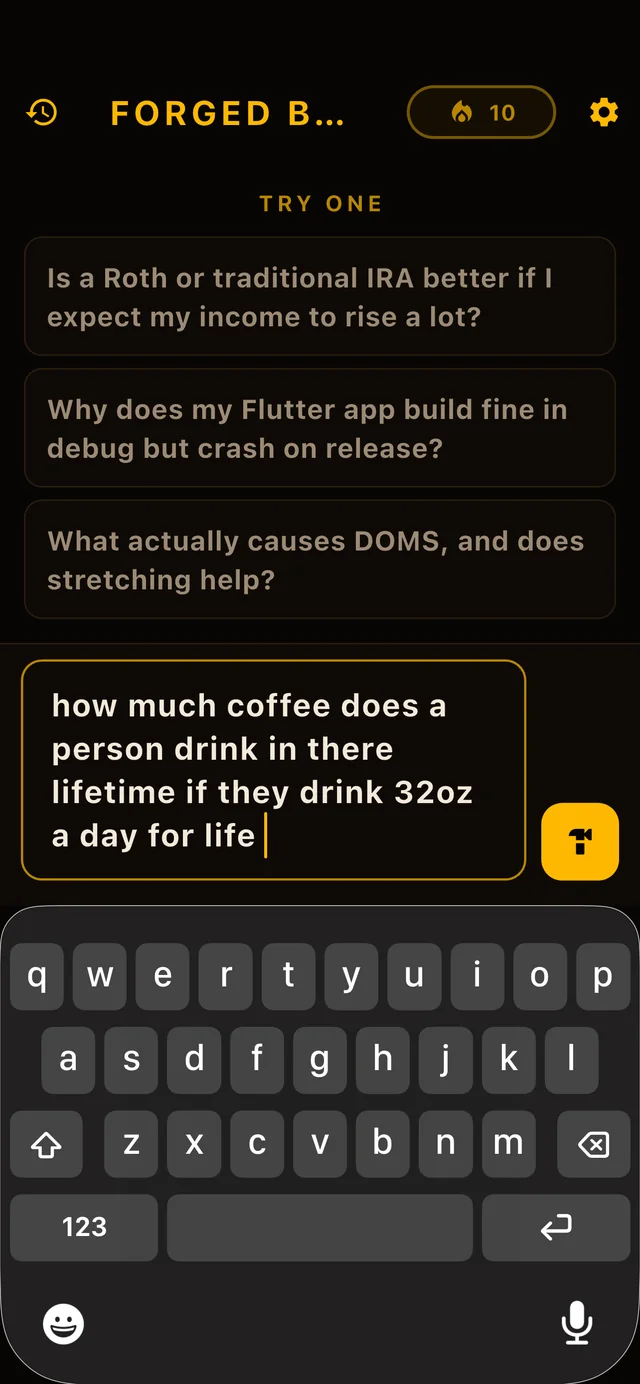 Forged By AI home screen with a question typed in